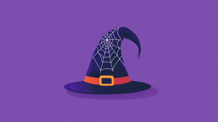 Flat design of a Halloween witch's hat with a spooky spider web, set against a simple purple background, perfect for festive Halloween useの素材
