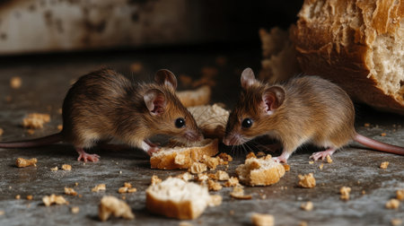 Two brown mice feast on bread crumbs in a kitchen, the floor scattered with small pieces of food.の素材
