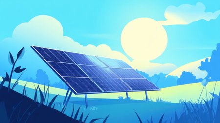 Simple flat art of a solar panel, representing renewable energy and sustainable living, perfect for environmental themes.の素材