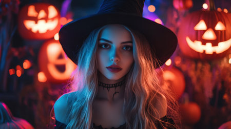 A young woman in a Halloween witch costume, complete with a black hat, strikes a pose with glowing pumpkins and Halloween props in the background.の素材