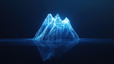 A wireframe iceberg rises from the sea, its geometric structure illuminated on a deep blue background, representing hidden depths.の素材