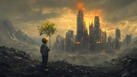 In a barren landscape, a young child plants a tree while a distant metropolis glows on the horizon, representing a brighter, sustainable futureの素材