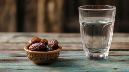 A glass of water and a small bowl of dates, placed on a rustic wooden table, symbolizing the meal to break fast during Ramadanの素材
