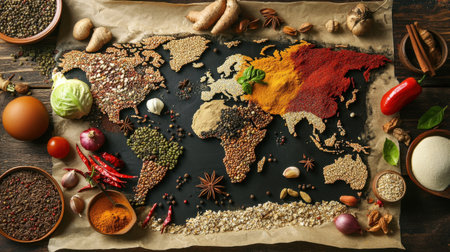 A creative concept of a world map made from assorted foods like spices, vegetables, and grains, showcasing global culinary diversity.の素材