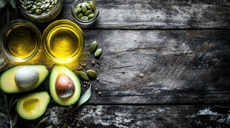 A healthy selection of fats such as avocados, seeds, and olive oil on a wooden table, providing blank space for text or designの素材