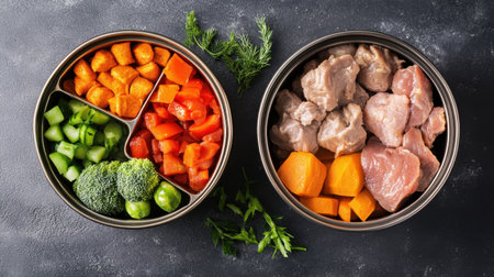 A side-by-side comparison of canned dog food and fresh ingredients like meat and vegetables, symbolizing the debate over balanced pet nutrition.の素材