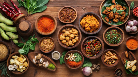 Assorted traditional Sundanese food items on wooden plates, surrounded by herbs and spices, arranged beautifully on a natural wood tableの素材