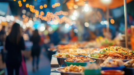 A vibrant street food stand at a bustling festival, with customers enjoying various dishes, in a blurred and festive backgroundの素材