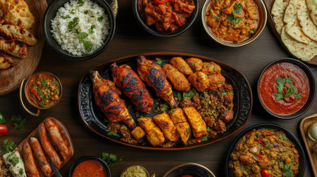 An inviting spread of Indian cuisine featuring chicken tikka masala, tandoori chicken, and classic appetizers. Feast of aromatic spices and flavors.の素材