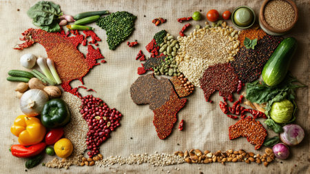A world map formed using vegetables, spices, and grains, symbolizing global food diversity and culinary traditions.の素材