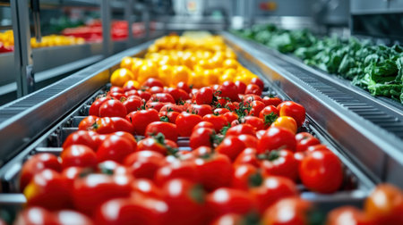 Bright red, green, and yellow vegetables rapidly moving on a conveyor belt in a high-tech food processing plant. Production efficiency.の素材