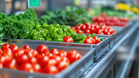 Close-up of fresh vegetables moving along a conveyor belt inside a high-tech food processing facility. Efficient production methods.の素材