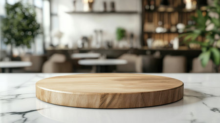 Empty wooden kitchen podium on a clean marble surface with a blurred background, ideal for presenting culinary items in a restaurant setting.の素材