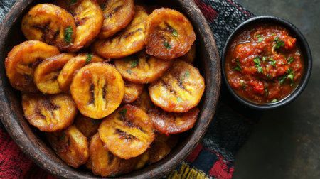 Crispy, golden fried plantains served alongside a savory dipping sauce, a popular meal in West Africa.の素材