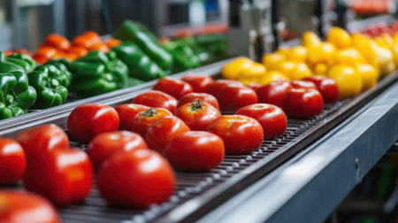 Close-up of fresh vegetables moving along a conveyor belt inside a high-tech food processing facility. Efficient production methods.の素材