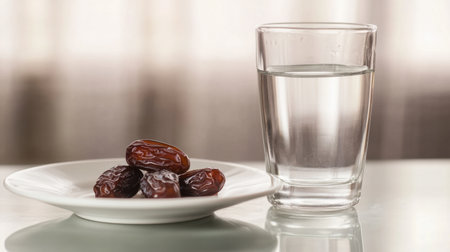 Ramadan food concept: a glass of drinking water with a small pile of dates on a white plate, placed on a clean table.の素材