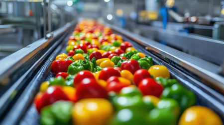 Colorful fresh vegetables moving quickly on a conveyor belt inside a modern food processing facility. Efficient food production line.の素材