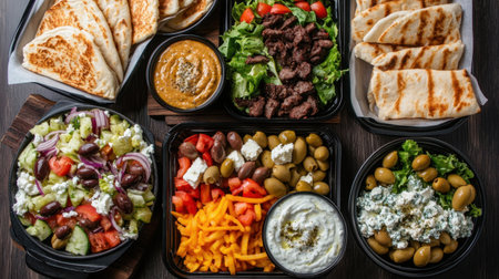 Freshly prepared gyros, Greek salads with olives, feta, and pita bread, alongside tzatziki dip, ready for an authentic Greek meal.の素材