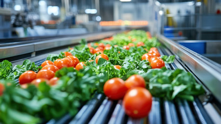 Fresh vegetables swiftly rolling down a conveyor belt in a modern processing facility, showcasing food industry technologyの素材