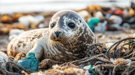 A grey seal lies stranded on a beach, tangled in a fishing net amidst plastic waste, a heartbreaking reminder of pollution's impact on wildlife.の素材