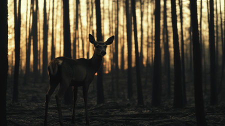 A deer silhouetted against the backdrop of a burnt forest, symbolizing the ongoing threat to wildlife from forest fires and global warming.の素材
