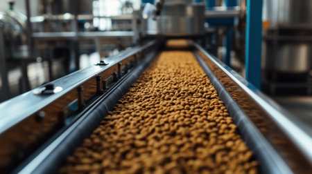 Machinery in a pet food production factory producing dry dog and cat food, with pellets being packed for distribution.の素材
