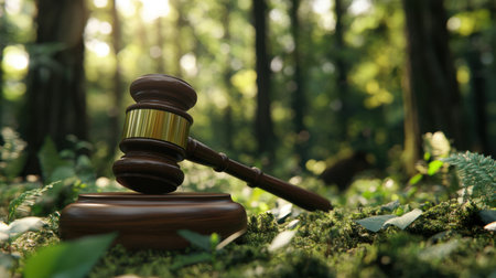 A gavel placed in a forest, symbolizing ecological justice and the legal steps taken to protect wildlife and the environment globally.の素材