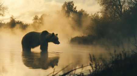 A bear gazes across the fog-covered river, its figure shrouded in mist, capturing the raw beauty of the wild.の素材