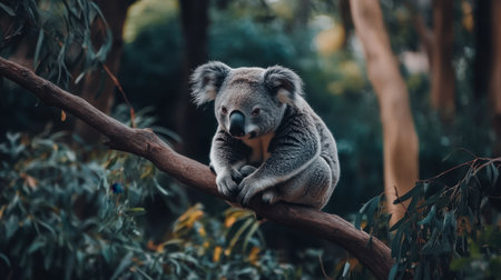 A Koala in its natural habitat, sitting on a eucalyptus branch, surrounded by nature, with room for text or branding.の素材