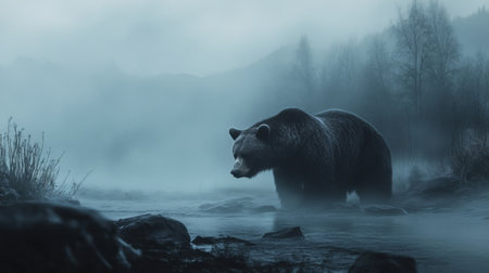 A bear gazes across the fog-covered river, its figure shrouded in mist, capturing the raw beauty of the wild.の素材