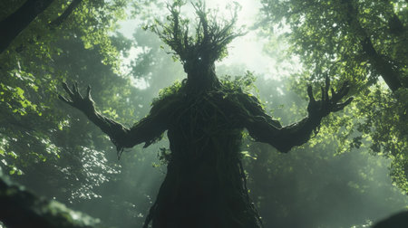A mystical tree man stands in the middle of a forest, his branches reaching into the sky, blending fantasy with nature in a magical scene.の素材