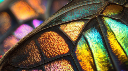Rainbow-colored butterfly wing close-up, revealing intricate patterns and textures that evoke the beauty of stained glassの素材