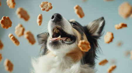 A fun 3D scene of a dog catching treats in the air, with biscuits flying high, creating an energetic and playful mood, perfect for a pet store adの素材