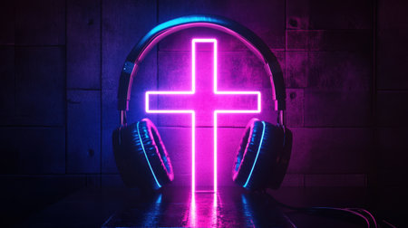 A glowing neon cross surrounded by sleek black headphones, shining brightly in a dimly lit room.の素材