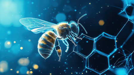 A blend of geometric and natural elements shows a wireframe honeycomb and a bee, both depicted in sleek lines over a blue digital background.の素材