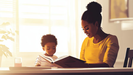 A mother sits at a table reading a book to her child, creating a warm and nurturing moment of family bonding and education.の素材