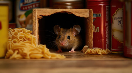A tiny brown mouse sticks its head out of a hole in the pantry wall, with food items like pasta and canned goods in sight.の素材