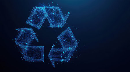 A wireframe recycling logo stands out in a sleek silhouette on a dark blue background, emphasizing eco-consciousness with modern style.の素材