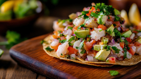 Fresh ceviche tostadas, piled high with toppings like avocado and cilantro, arranged on a brown wooden cutting board.の素材
