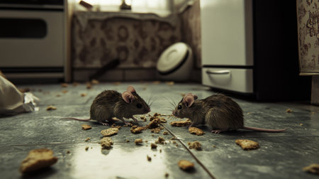 Mice scurry around the kitchen floor, gathering bread crumbs near the baseboards and appliances.の素材