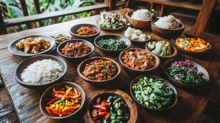 A spread of Sundanese village cuisine with fresh vegetables, rice, and local dishes, served in bowls and plates on a wooden table, ready for a feast.の素材