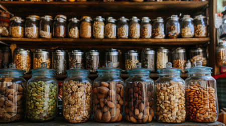 A nut shop featuring an array of jars filled with assorted organic nuts and seeds, ready for sale.の素材