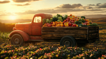 An antique truck filled with various vegetables, driving across farmland, bathed in warm sunset light, representing food supply logistics.の素材