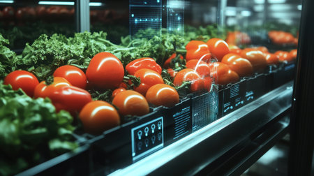 An AI system controlling the packaging of vegetables and snacks, using holographic technology to ensure accuracy and quality in the food industry.の素材