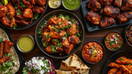 Feast of Indian delicacies including chicken tikka masala, tandoori chicken, and assorted starters, highlighting rich colors and bold spices.の素材