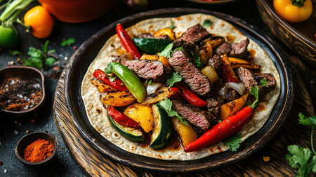 Hot plate of sizzling beef with grilled vegetables, served with Mexican spices and tortillas on a rustic table. Authentic Mexican cuisine.の素材