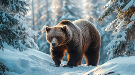 A grizzly bear trekking through a snow-dusted forest, with towering pines and a peaceful winter landscape surrounding it.の素材