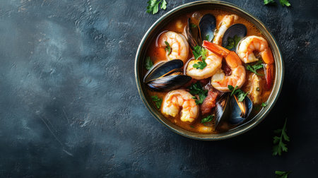 Flat lay of a bowl of Cioppino seafood stew, filled with shrimp and mussels, against a dark backdrop. Copy space for design and print. Gourmet cuisine at its finest.の素材