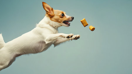 Dog jumping energetically towards a flying treat, capturing the action of a playful and healthy snack moment, with copy space.の素材