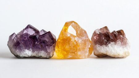 Citrine, rose quartz, and amethyst in a macro shot, emphasizing the textures and colors of raw healing stones against a simple white background.の素材